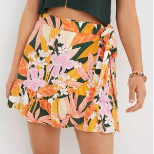 Aerie Multicolor Floral Mini Wrap Skirt Linen Blend Women’s Size XS